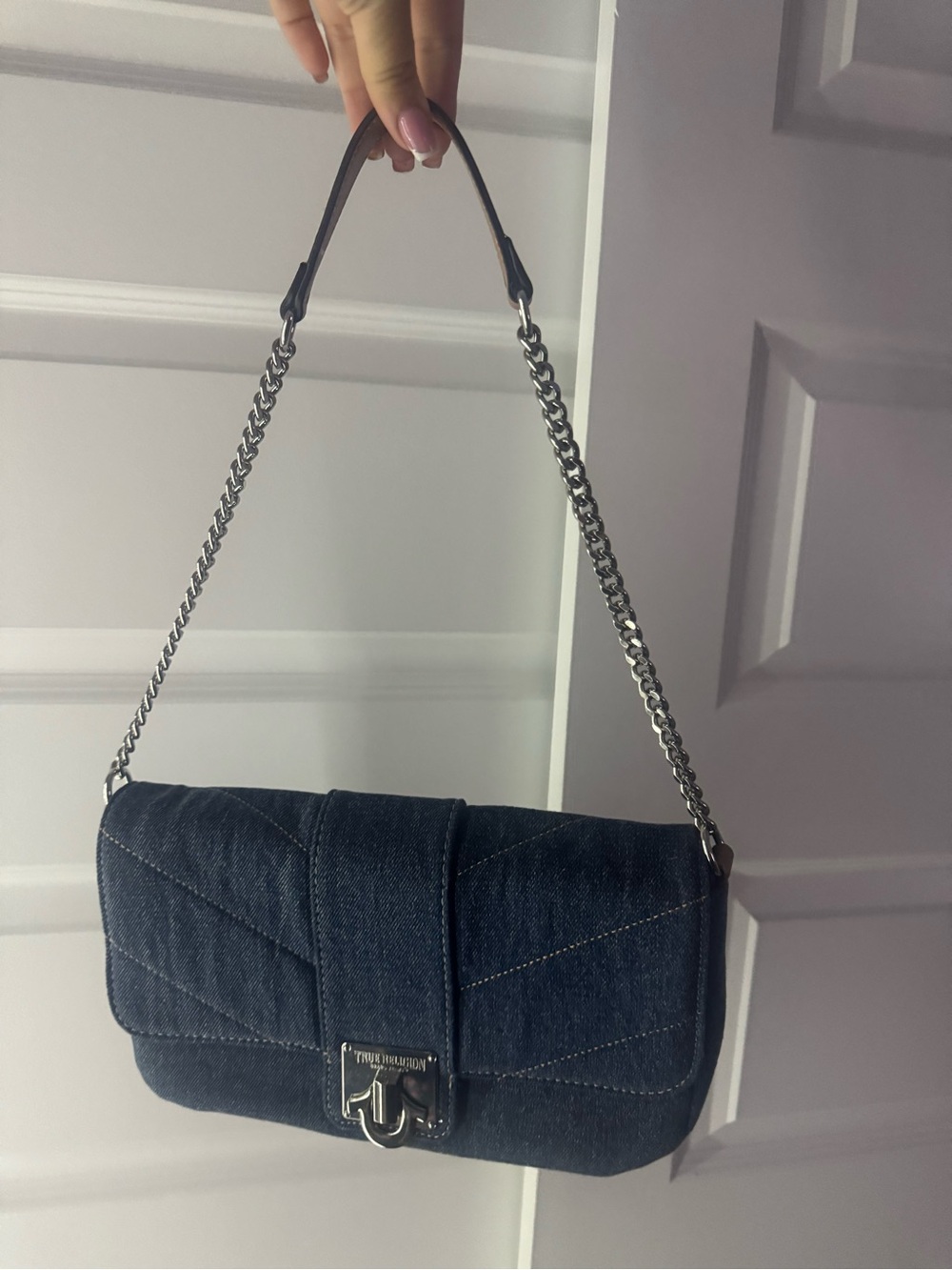 True Religion Quilted Denim Shoulder Bag in Navy Blue